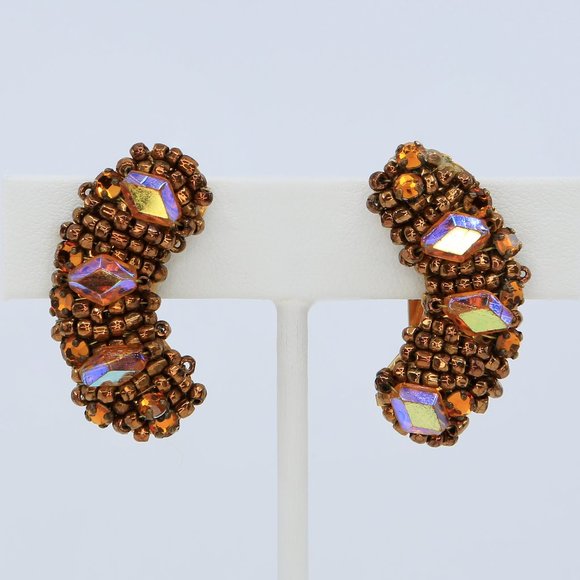 Vintage Hobé Beaded Climber Clip-On Earrings Circa 1960s - Picture 1 of 5